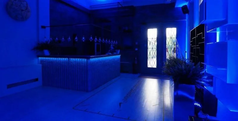 Interno di un locale con illuminazione blu, bancone bar, porte con vetri decorati e piante