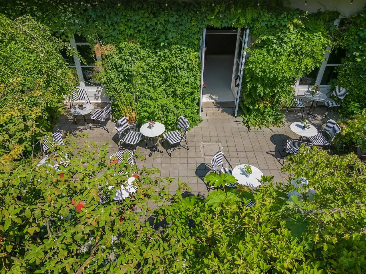 Terrazza vista dall'alto con tavoli e sedie con tavoli rotondi e sedie con motivo a righe nere e bianche, circondata da vegetazione verde.