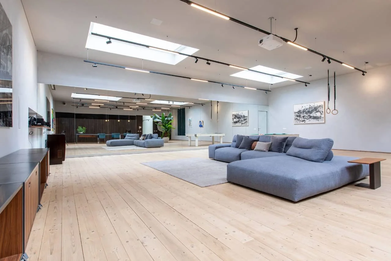 Ampio soggiorno con divano grigio, pavimento in legno chiaro, pareti bianche con quadri neri e bianchi, soffitto con skylight e luci a LED.