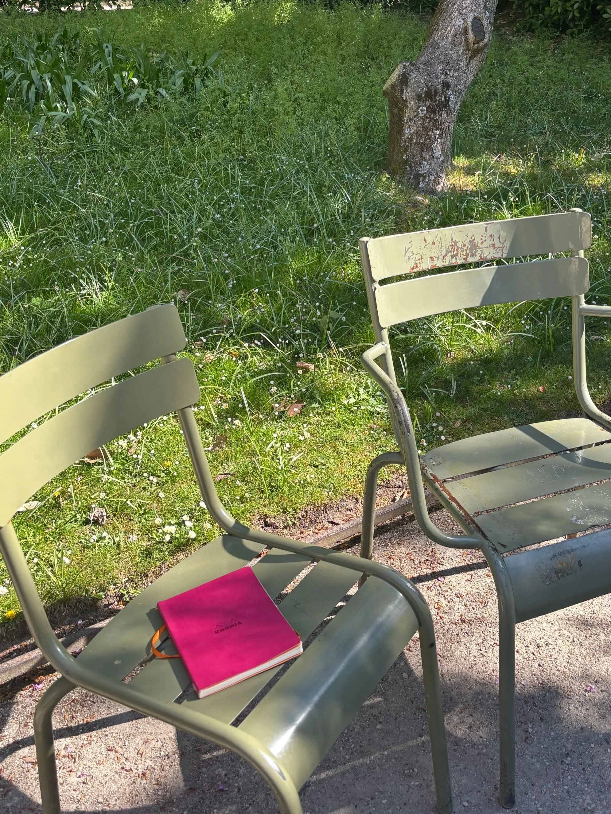 carnet rose posé sur une chaise verte du Jardi du Luxembourg