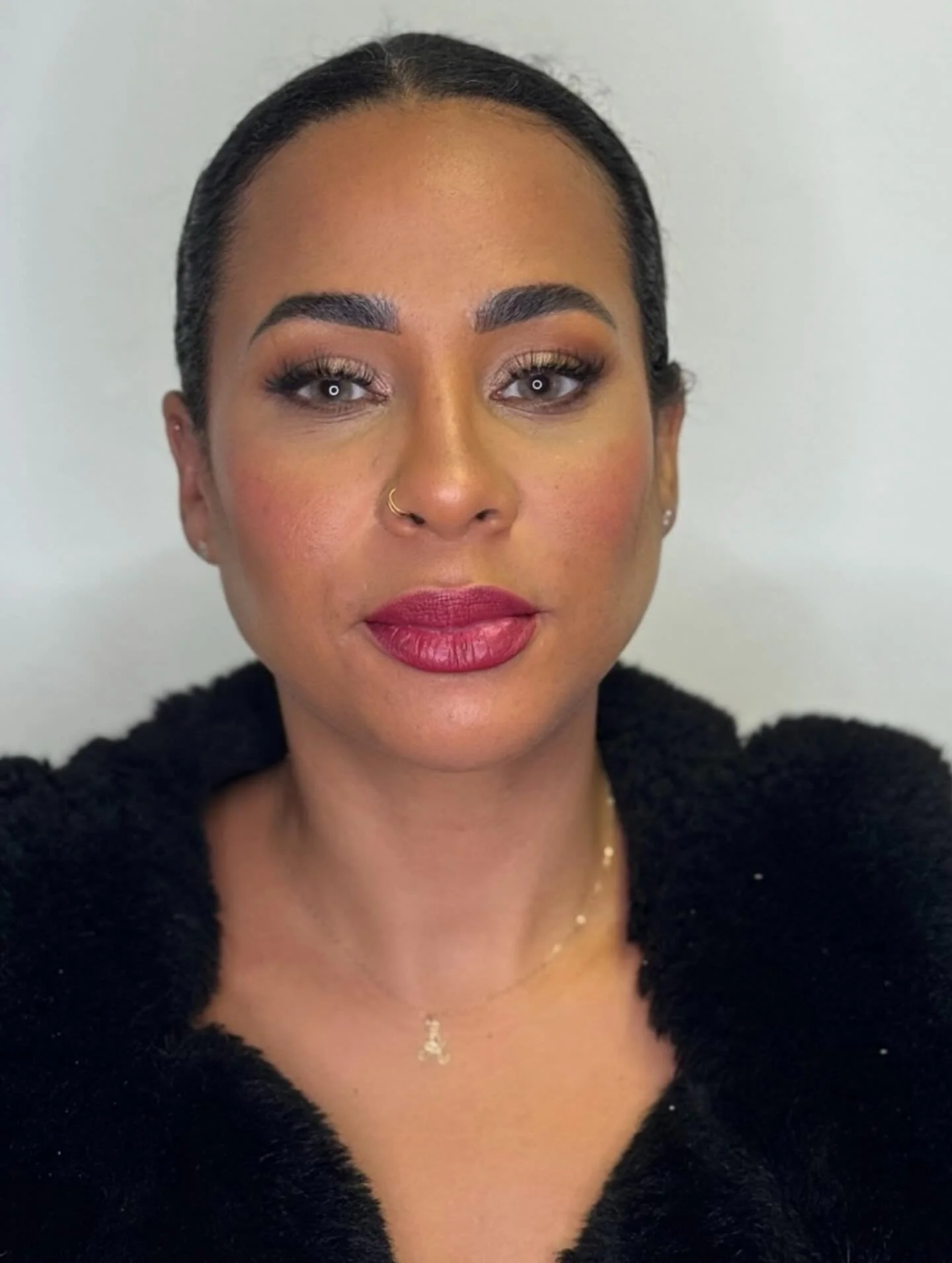 Party glam for this beauty! Burgundy lips are the trend this Christmas. #softglam #makeupideas #surreymua #surreymakeupartist #christmasmakeup