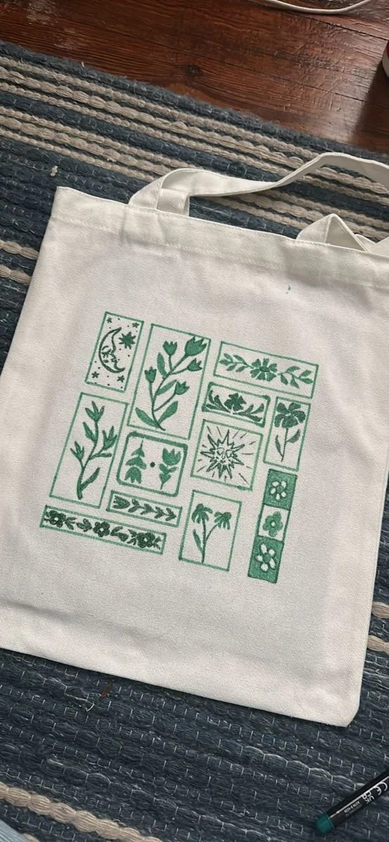 Linocut Stamped Farmer's Market Tote Bag Workshop (April 22 at Ground Coffee Shop)