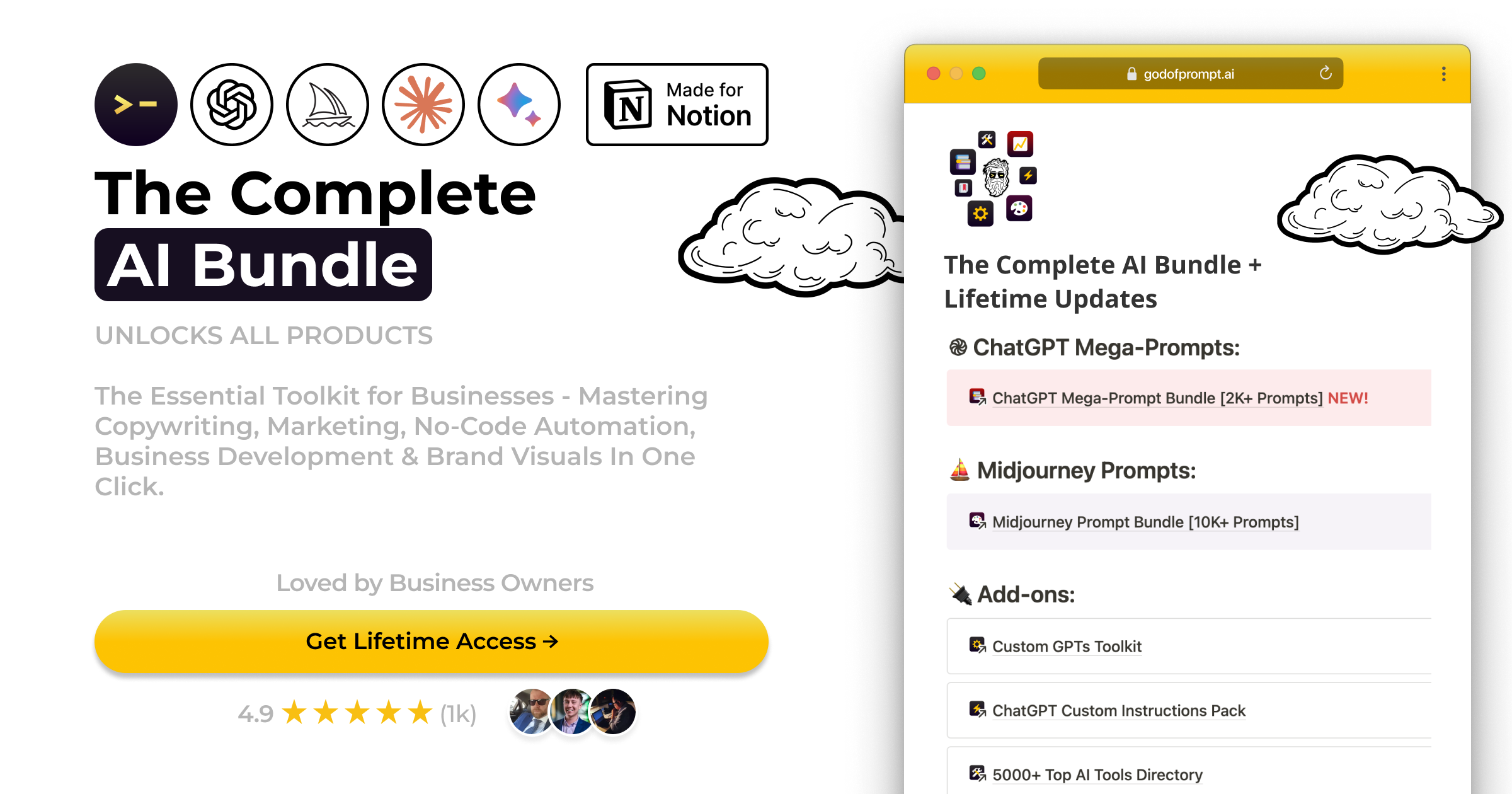 Screenshot of a marketing webpage for an AI bundle, featuring icons like terminal, network, sailboat, flower, and star. The page advertises a complete AI toolkit, mentions lifetime updates, and displays a yellow button labeled 'Get Lifetime Access.' The webpage shows customer ratings with five stars and three profile images.