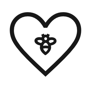 A black and white icon of a bee in a heart.