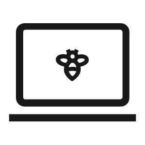 A black and white icon of a bee on a laptop screen.