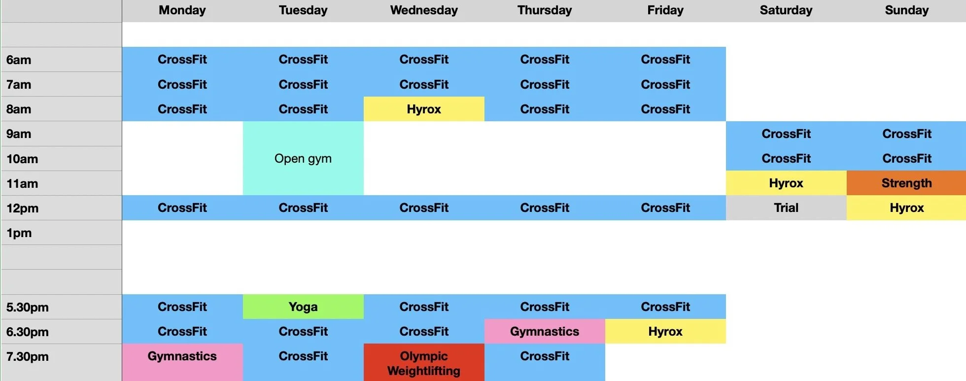 Weekly gym class schedule grid from Monday to Sunday, listing class types and times from 6am to 7:30pm, including CrossFit, Hyrox, Open gym, Strength, Yoga, Gymnastics, Olympic Weightlifting, and Trial sessions.