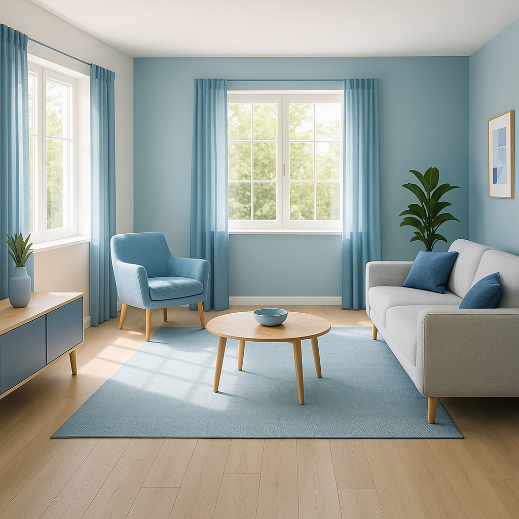 A bright living room with light blue walls, sheer blue curtains, a white sofa with blue pillows, a blue armchair, a wooden coffee table with a blue bowl, a blue rug, a sideboard, a small potted plant, and a framed artwork on the wall.