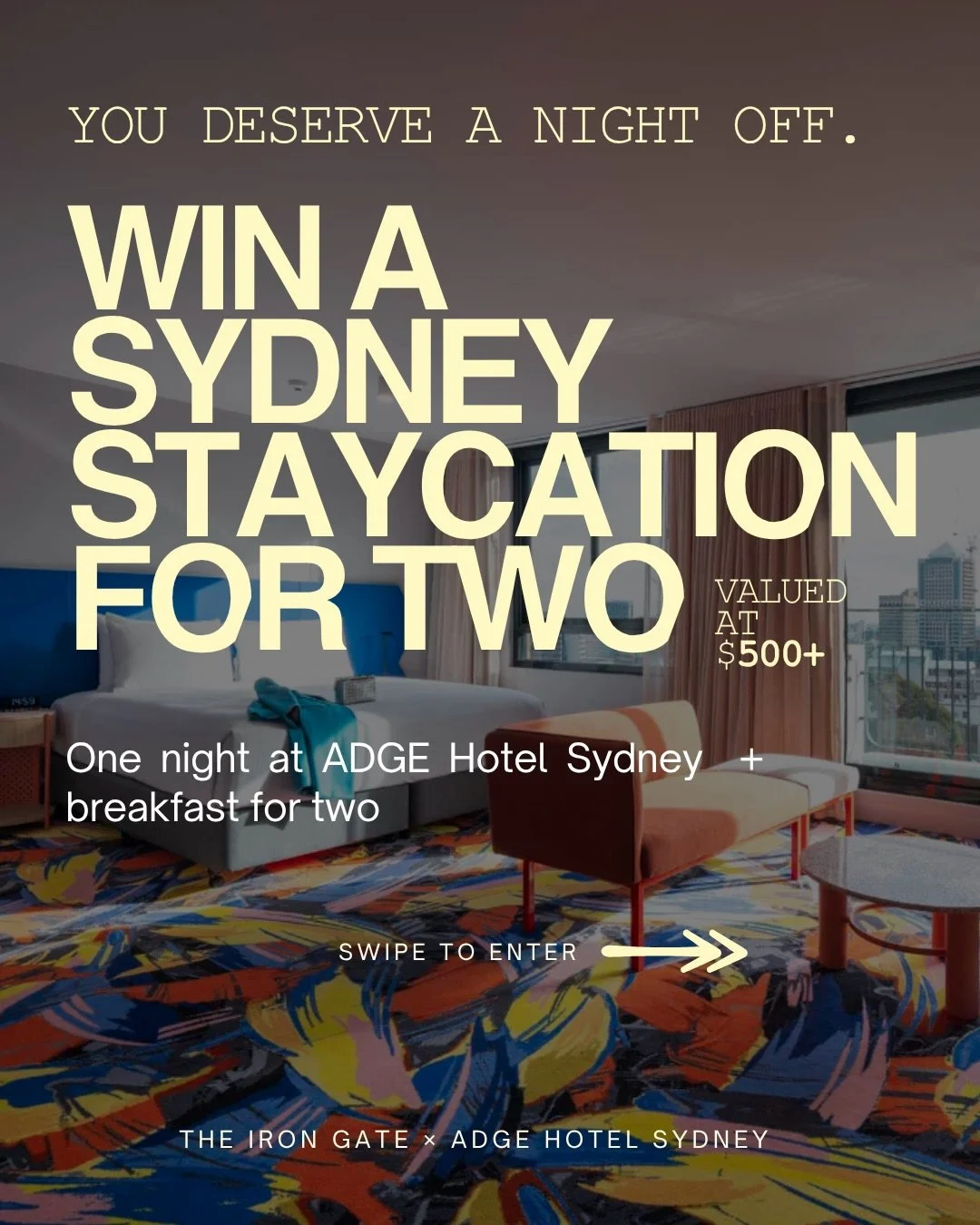 YOU DESERVE A NIGHT OFF!

So we&rsquo;re giving you one, worth over $500!
We&rsquo;re stoked to officially welcome @adgehotelandresidences as the Official Hotel Partner of The Iron Gate 2026.

And to kick things off, we&rsquo;re giving one of you a S