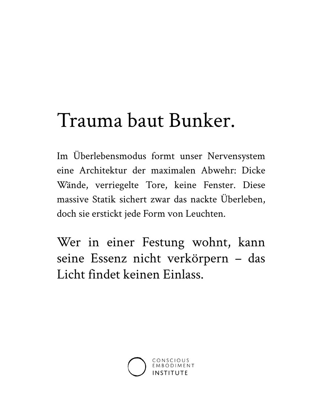 ⠀⠀

DIE STATIK DES LICHTS
⠀
Wir versuchen nicht, die Essenz in den Bunker zu pressen &ndash; das erstickt unsere Seele. Wir transzendieren den Bunker nicht, indem wir uns in die Formlosigkeit meditieren. Das w&auml;re spirituelles Bypassing. Wir vers