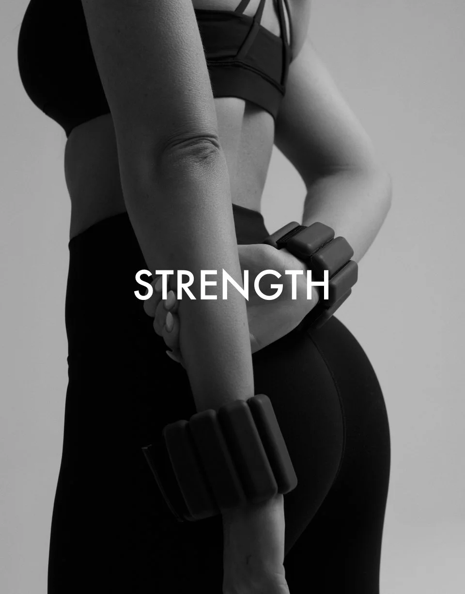 Person wearing workout clothes and wrist weights with the word "STRENGTH" over the image.