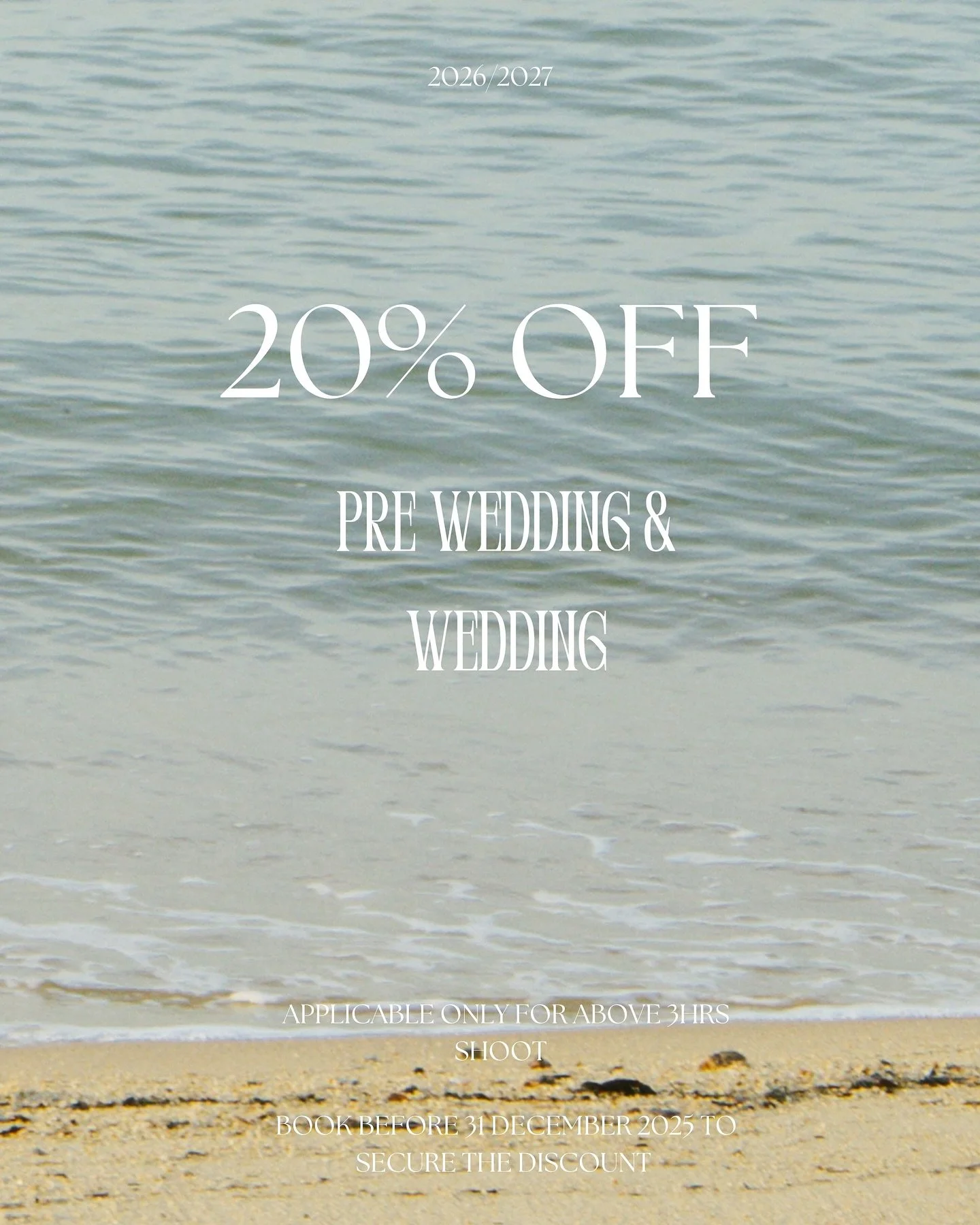 Open for 2026 / 2027 slots 🤍

20% discount on going until 31 December 2025 for shoots above 3hrs 

And if you book pre wedding + wedding service together, you get additional 10% off so in total that&rsquo;s 30% off ! 🙌🏼

Pre wedding / wedding / so