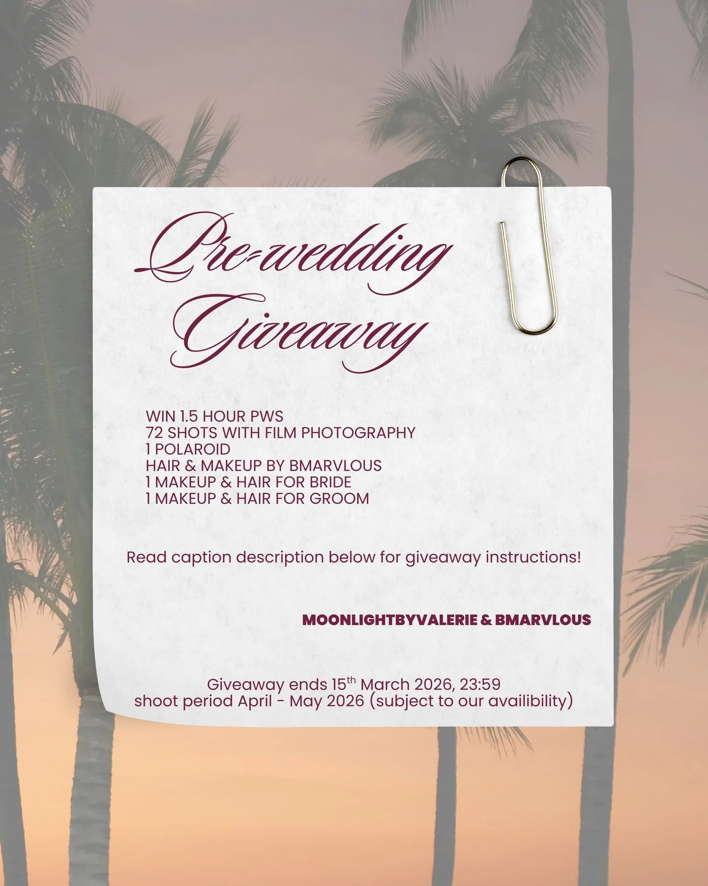 We are giving away 1.5hr pre wedding shoot (photography by @moonlightbyvalerie &amp; makeup &amp; hair by @bmarvlous )

🤍What&rsquo;s included:
1.5 hr PWS 
72 shots with film photography
1 Polaroid 
1 hair &amp; makeup for the bride
1 hair &amp; mak