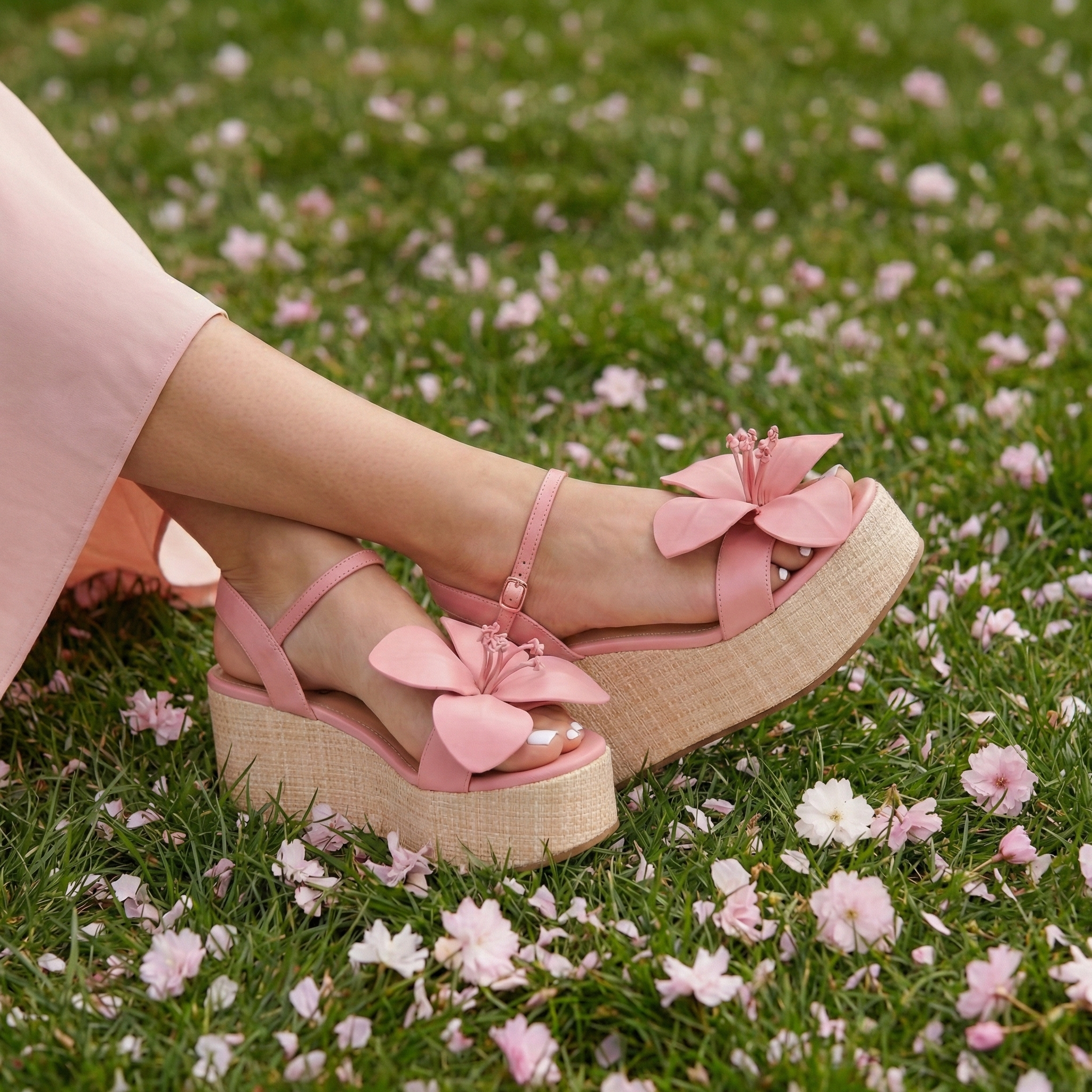Close-up of a person's feet in pink platform sandals with large pink flower decorations, resting on a grassy field with pink and white flowers.