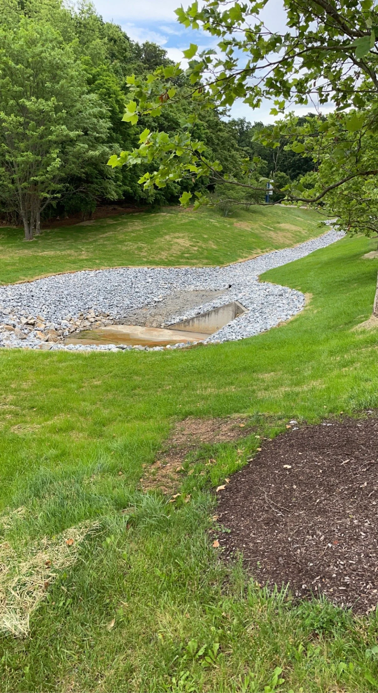 A landscaped park with a small dry creek bed surrounded by green grass and trees, with a partially cloudy sky.