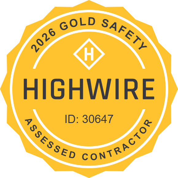 Gold safety badge with black text stating 2026 Gold Safety, Highwire, ID: 30647, an assessed contractor.