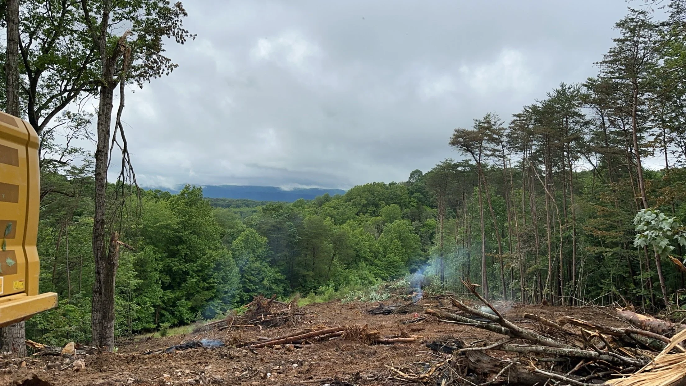 View of deforested land with debris and logs, smoke rising, dense green forest, cloudy sky, and a piece of yellow machinery on the left.