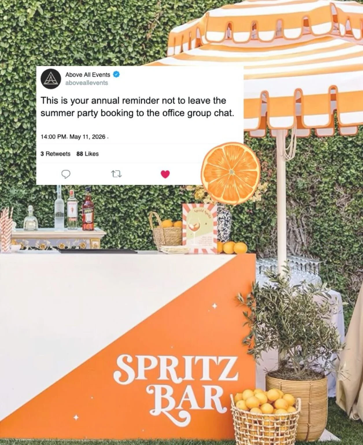 Few things cause more workplace tension than booking the summer party at the very last minute ☀️ 

Luckily, we do the hard part, free venue finding, theming and full event management.

We make your event feel more &ldquo;Spritz Bar in the sunshine&rd