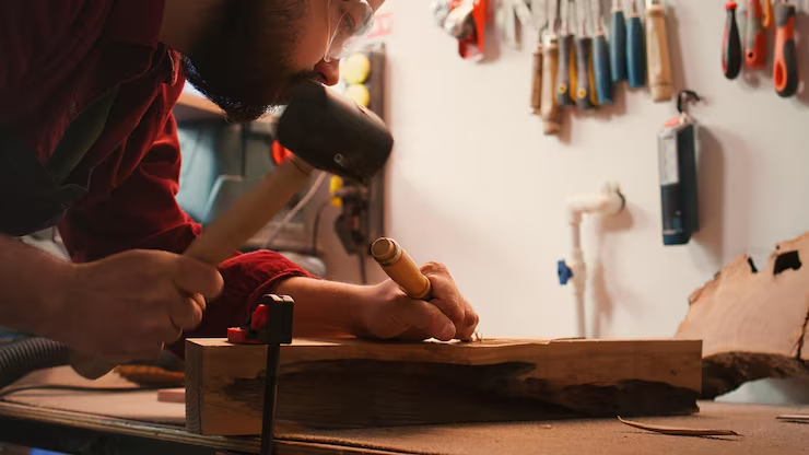 A man using a hammer and chisel to carve or shape a piece of wood in a woodworking shop.
