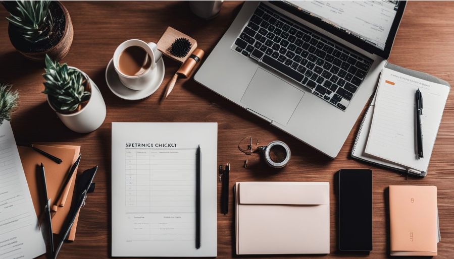 Overhead view of a organized workspace with a laptop, notebooks, pens, and plants on a wooden desk.