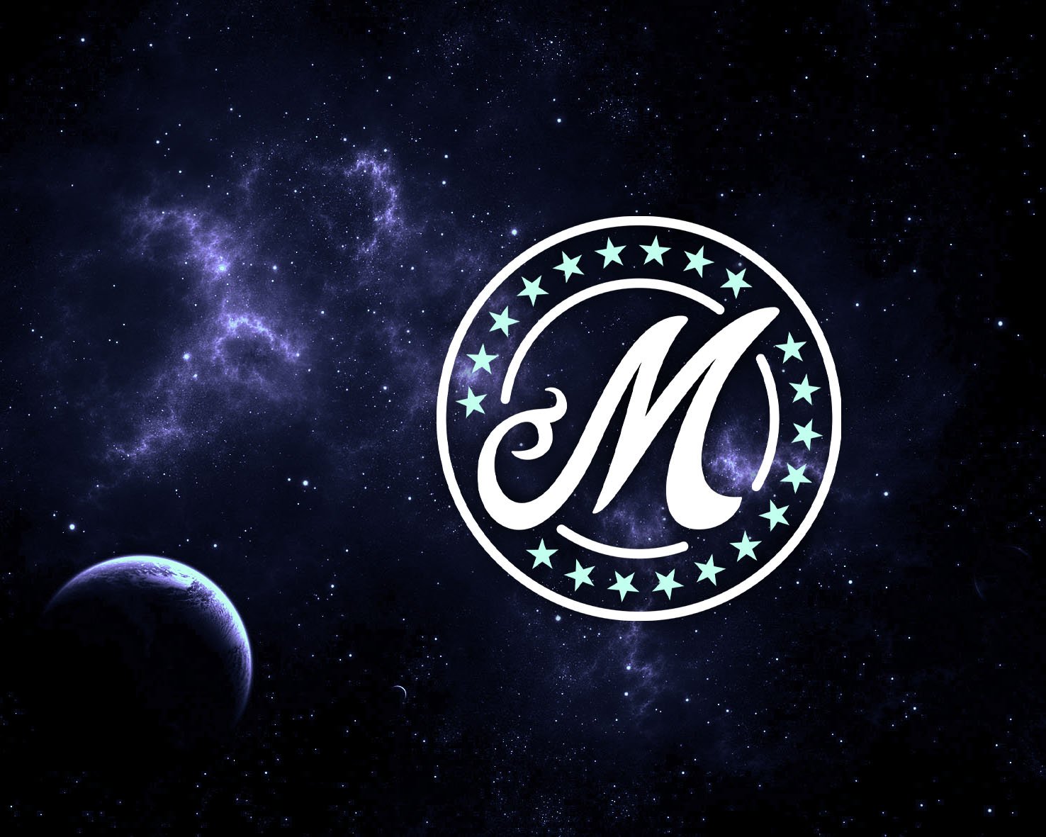 A cosmic scene of outer space with a view of Earth and the Milky Way galaxy in the background. There is a circular logo with a decorative letter 'M' surrounded by stars overlayed on the space scene.