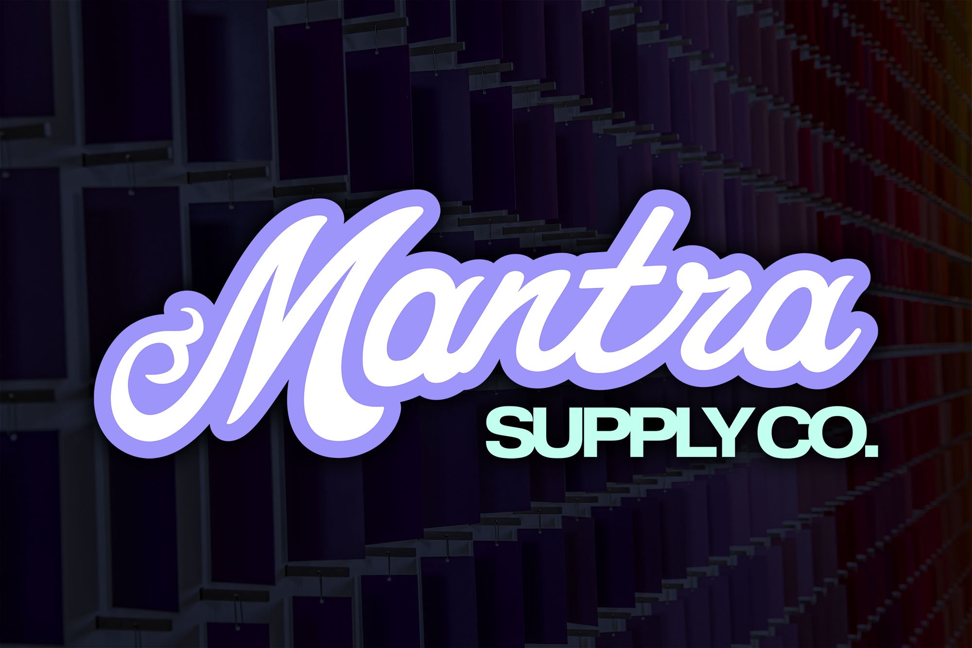 Neon sign reading 'Marta Supply Co.' with purple and cyan colors, against dark background of shelves with various colored items.