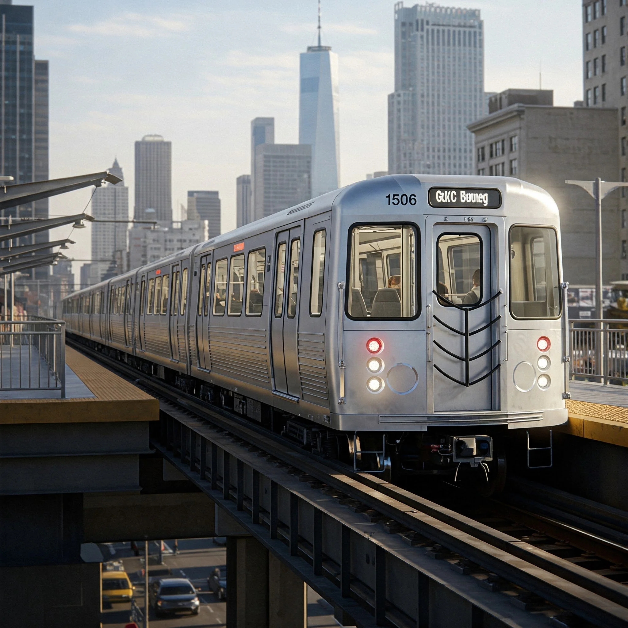 Un tren de metro plateado en una estación en la ciudad con rascacielos de fondo.