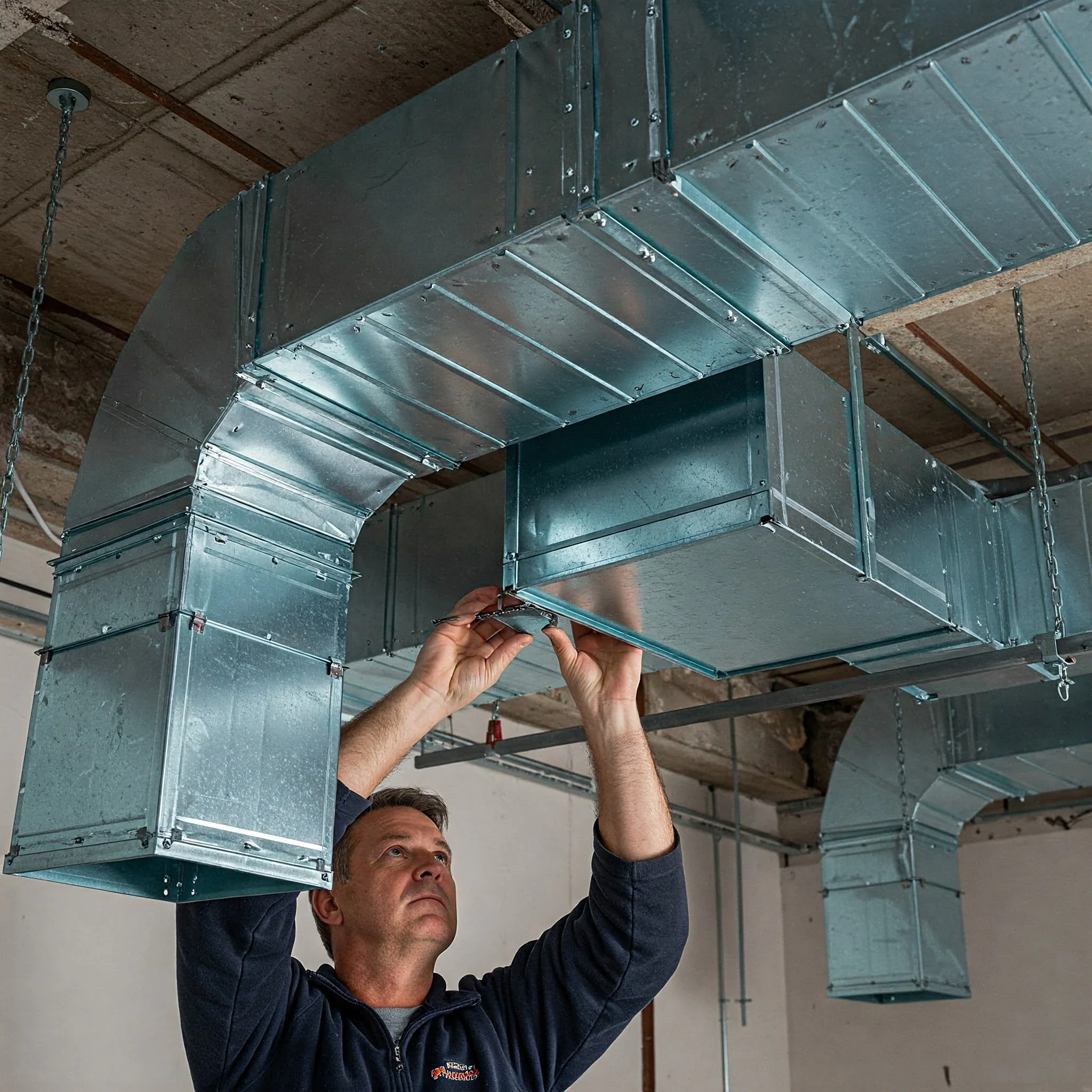 Un trabajador instalando una conductora de aire acondicionado de aluminio en un techo de cemento.