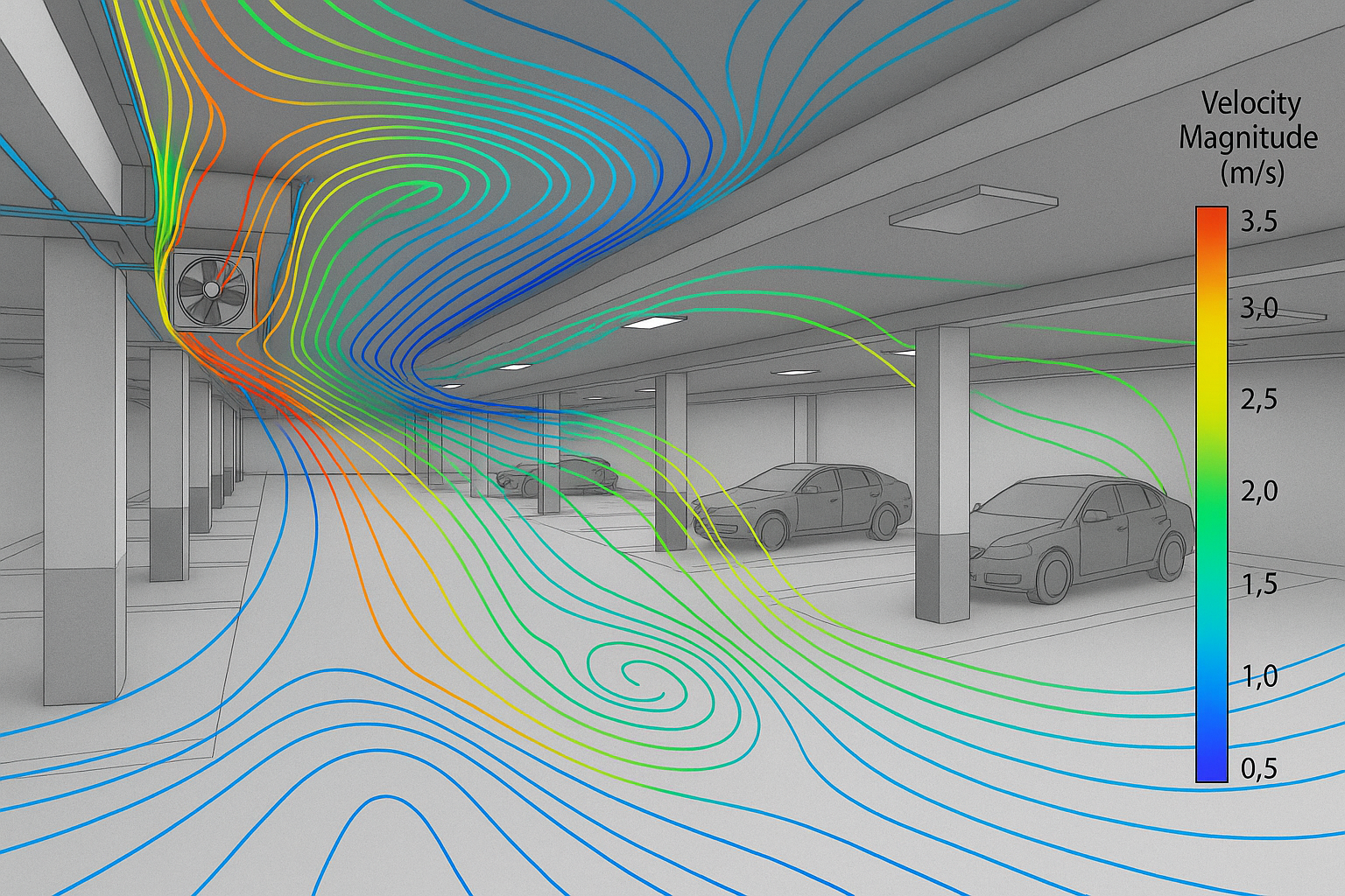 Simulación de flujo de aire en estacionamiento subterráneo con líneas de corriente de diferentes colores que representan la magnitud de la velocidad del aire, que varía de azul a rojo, en un espacio con autos y columnas.