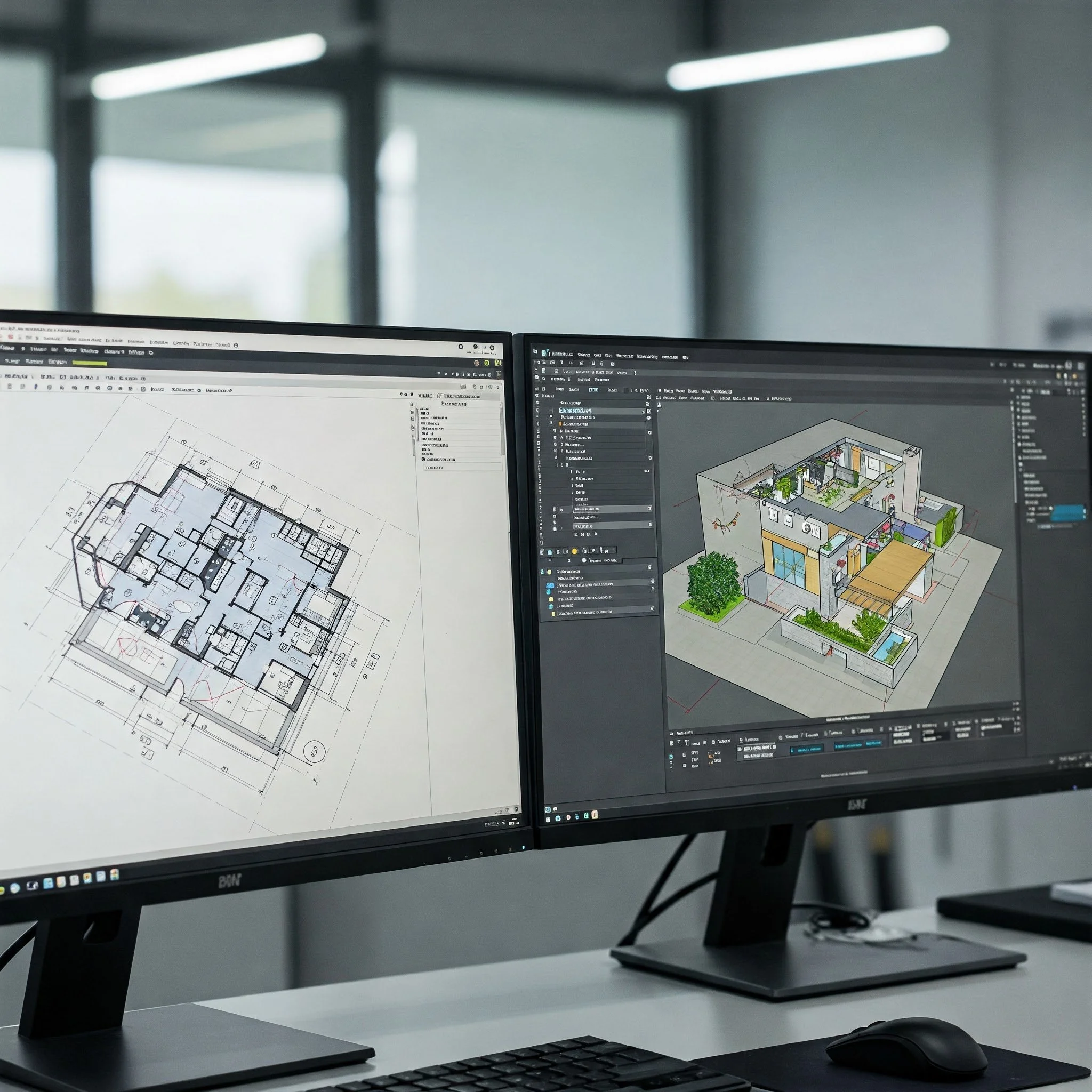Pantallas de computadora con planos arquitectónicos y un modelo 3D de una casa en un entorno de oficina moderna.