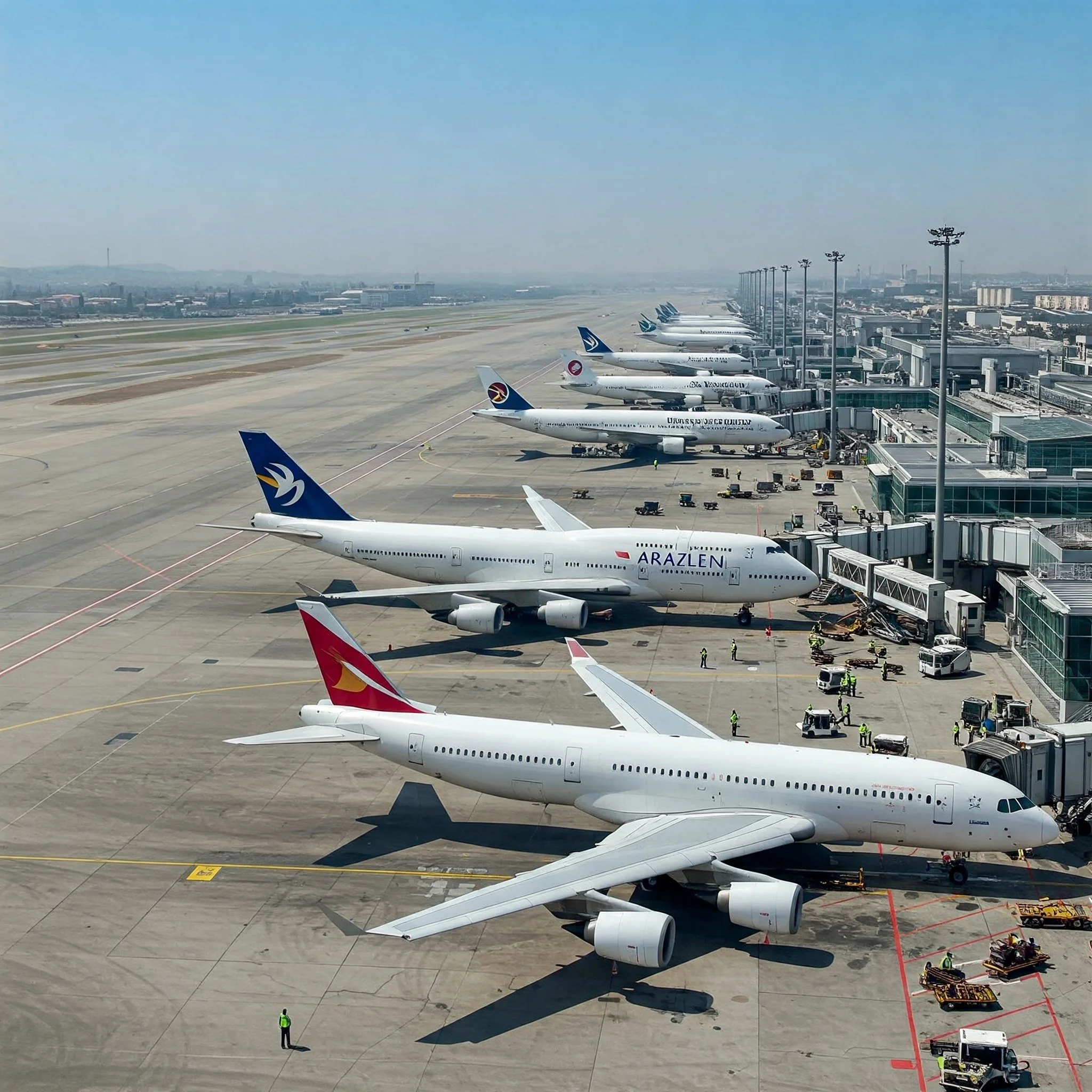 Aviones estacionados en la puerta de un aeropuerto, con personal de tierra y equipaje en la pista.