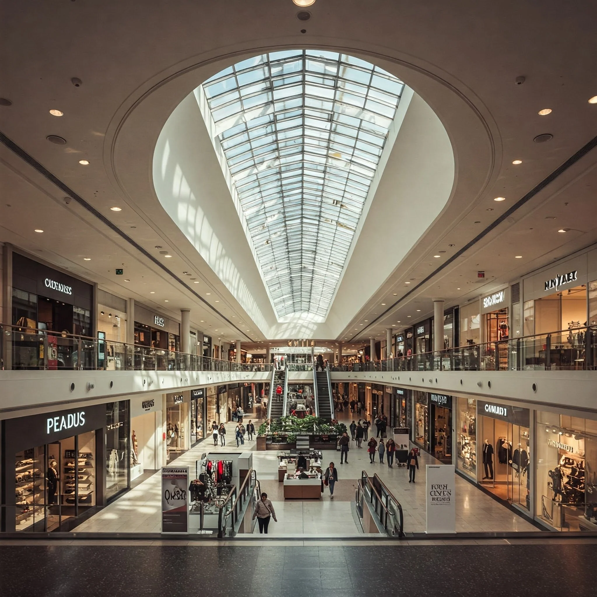 Vista interior de un centro comercial con tiendas a ambos lados, y un techo de cristal en forma de arco. Personas caminando y escaleras eléctricas en el centro.