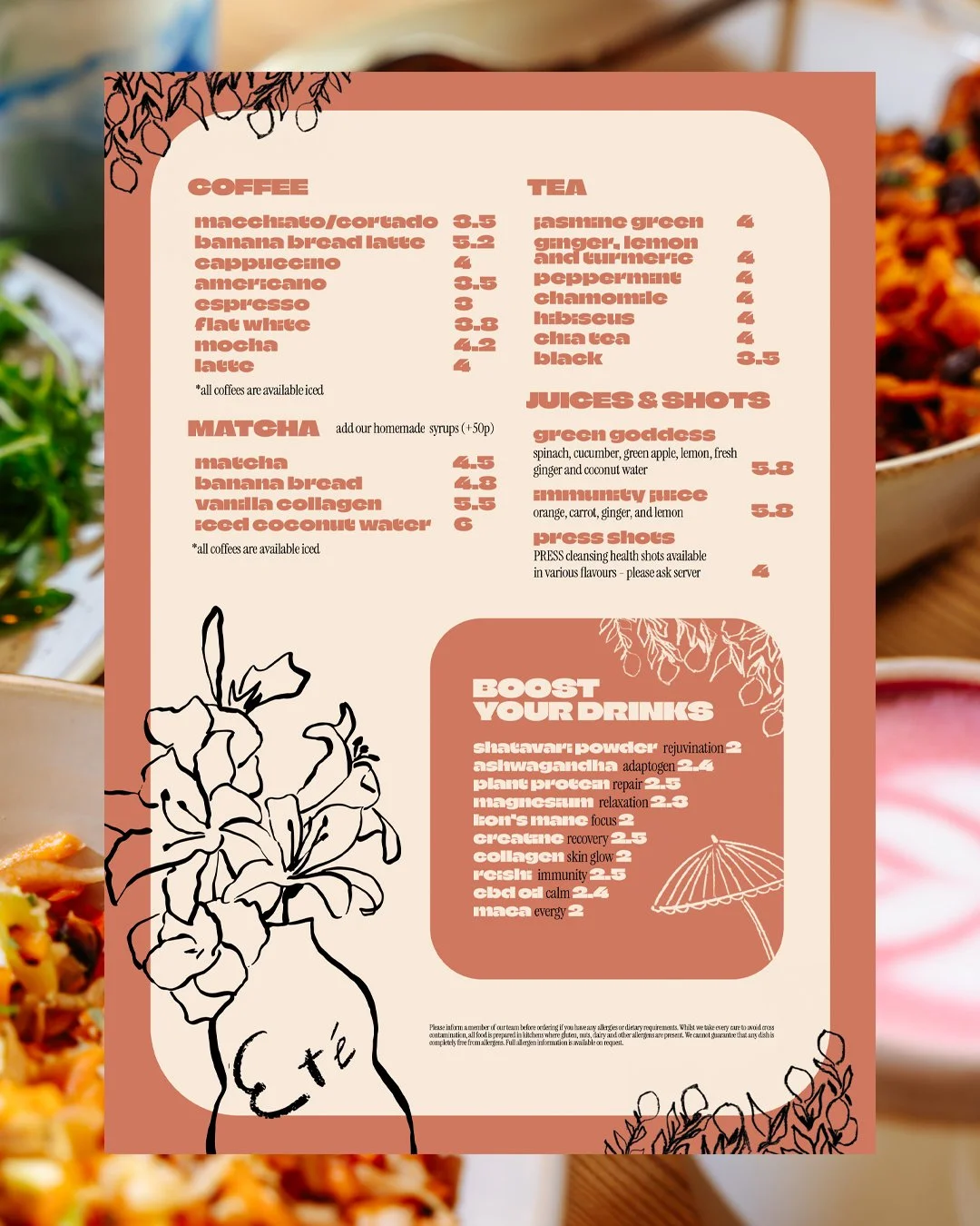 Menu featuring coffee, matcha, tea, juices, and shots with illustrations of flowers and an umbrella.