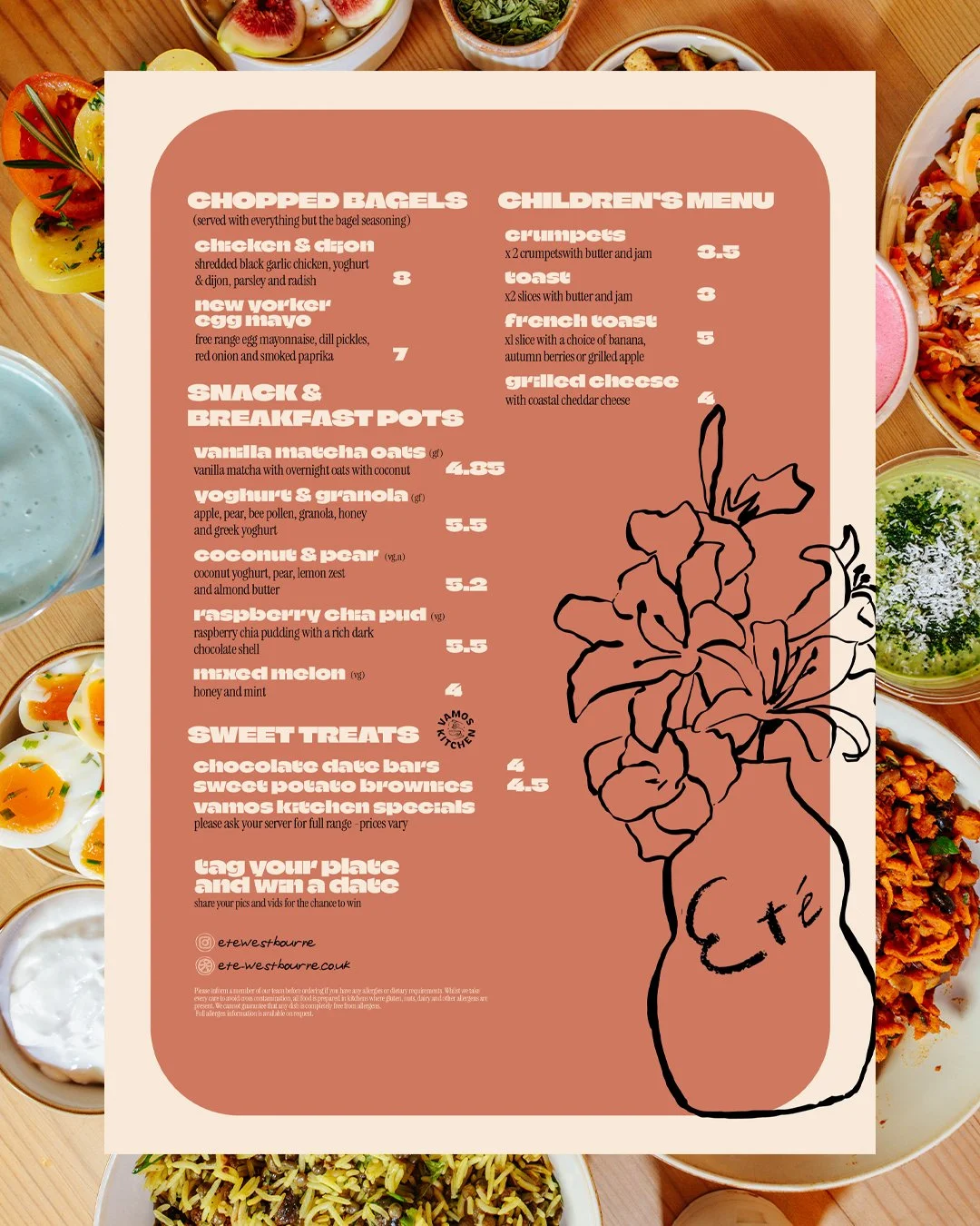 Menu featuring chopper bagels, children's menu with crumpets, toast, French toast, and grilled cheese, and breakfast and sweet treats like vanilla matcha oats, yogurt and granola, coconut and pear, raspberry chia pud, mixed melon, chocolate date bars, sweet potato brownies, and a plate sharing option. The menu includes a decorative hand-drawn flower illustration with the word 'Ete' inside it.