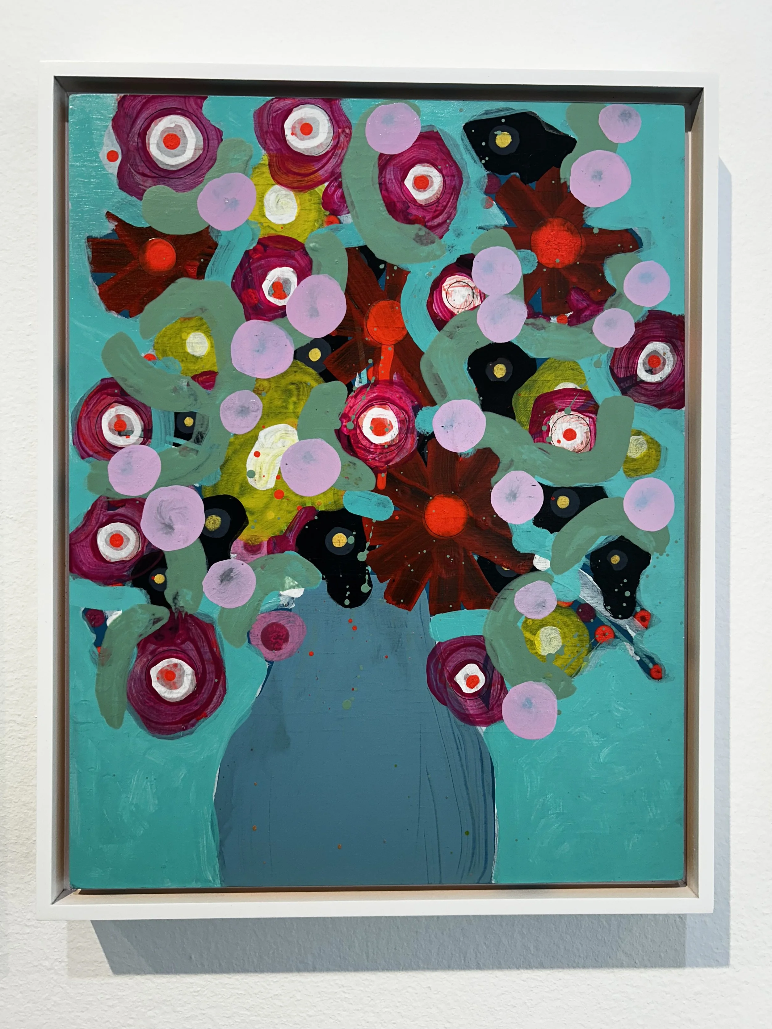 Abstract painting of a bouquet of flowers in a vase on a turquoise background.