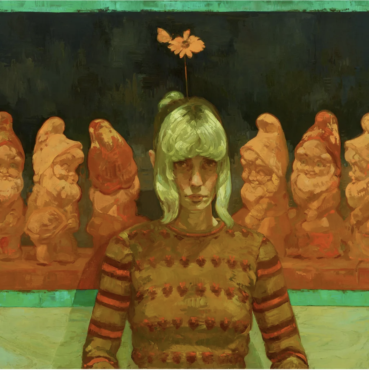 Painting of woman surrounded by gnomes by Rachel Gregor