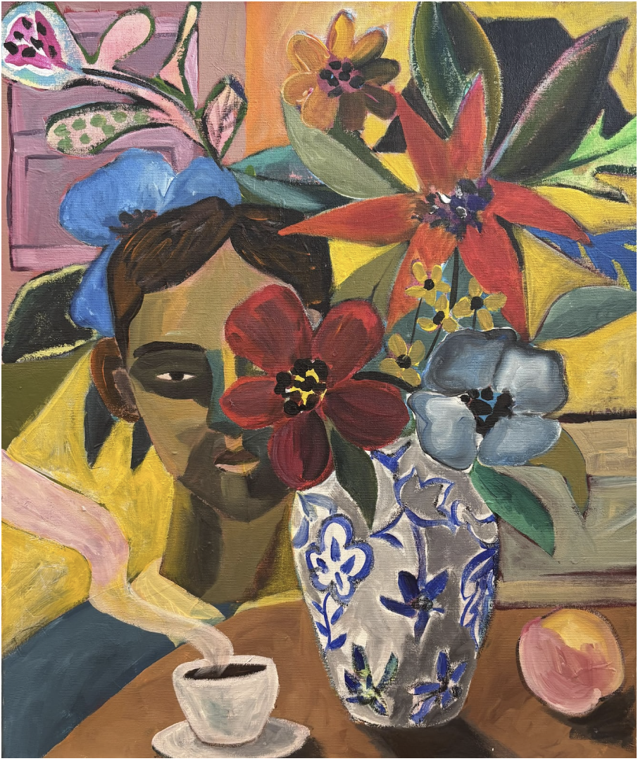 A colorful painting of a woman with a blue headscarf, surrounded by large bright flowers in a decorative blue and white vase. A cup with steam rises from it, and a peach is on the table. The background features vibrant hues.