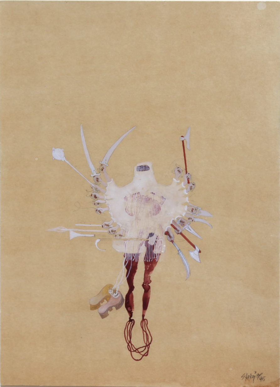 Drawing of figurative image made of watercolor and tea by Shakzia Sikander