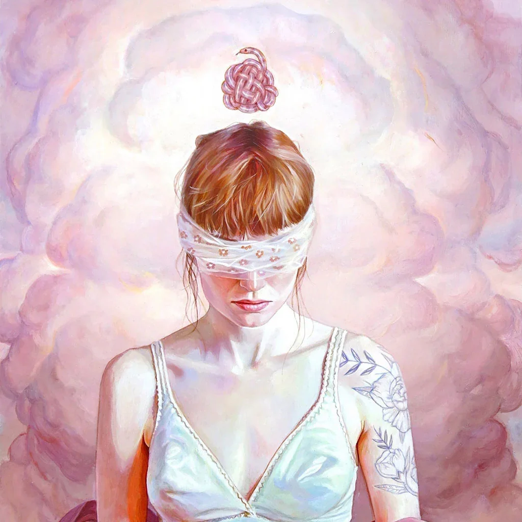 Drawing in soft pastel of woman wearing white bra and blindfold surrounded by clouds and under string of pink yarn