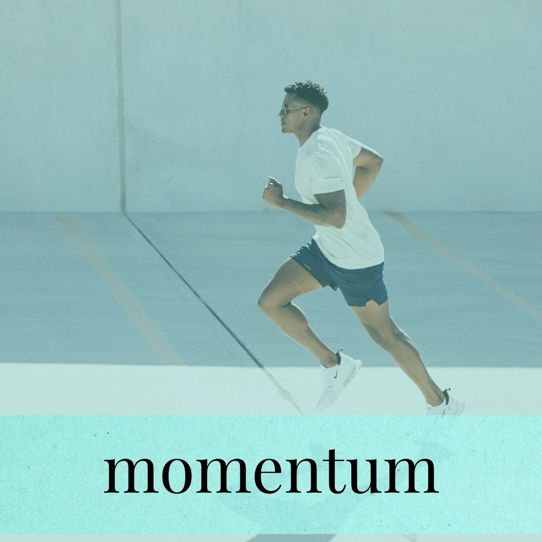 A man running outdoors in athletic attire, wearing sunglasses, with the word 'momentum' written at the bottom.