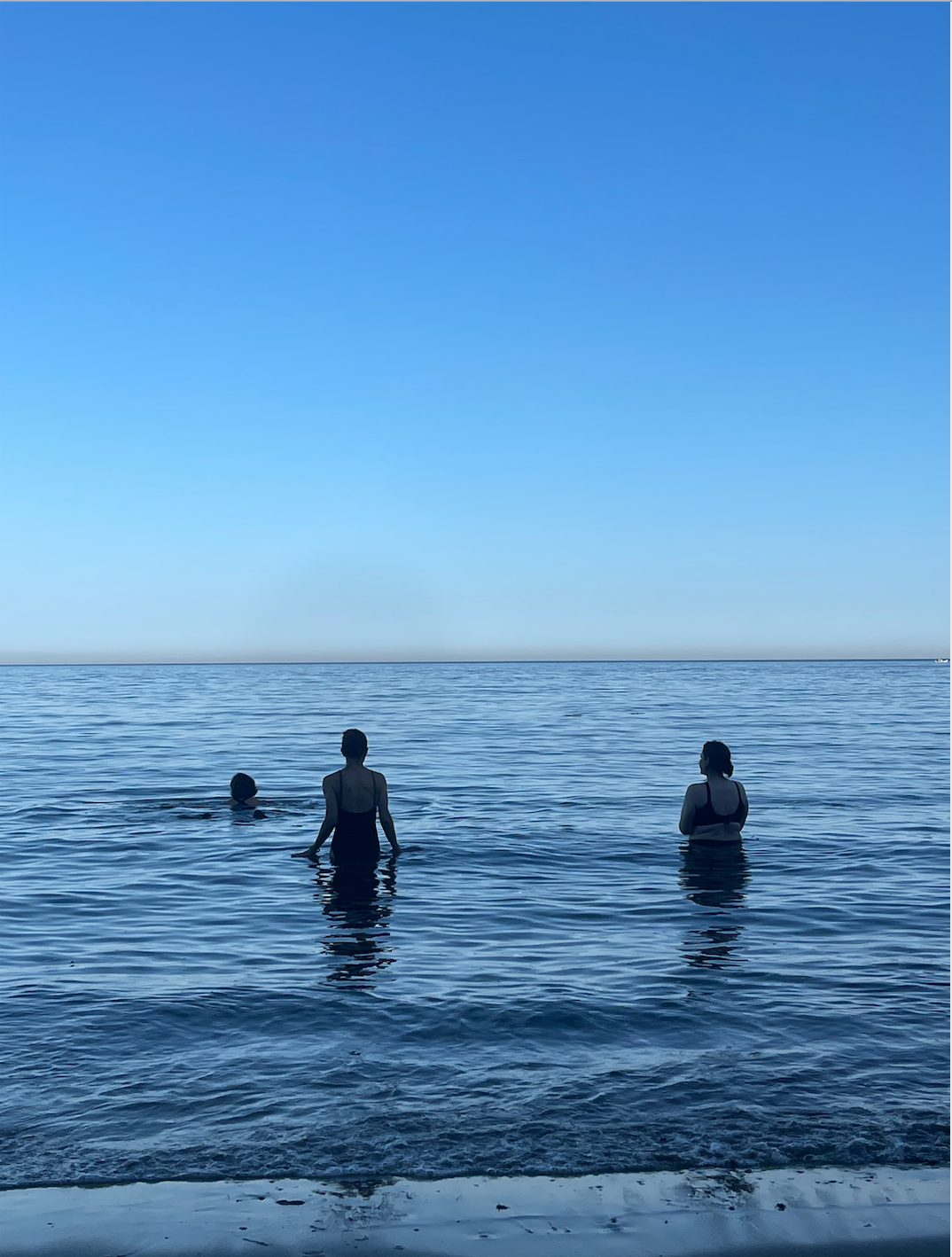 Three people are standing in calm ocean water near the shoreline, facing the horizon under a clear blue sky. Wild Swimming, Prawle Point, South Devon