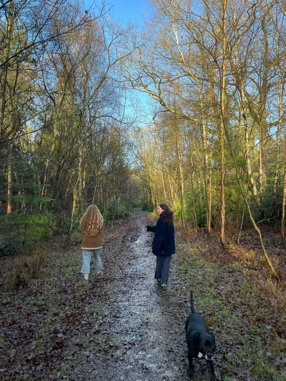 Two women walking on a dirt trail in a forest with leafless trees, accompanied by a black dog, during daylight hours.
