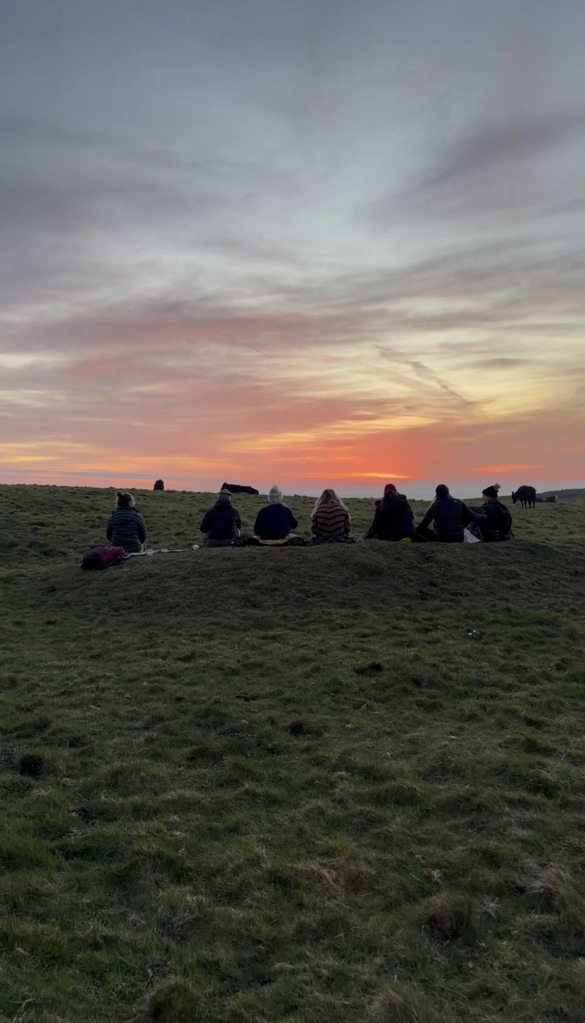 People sitting on a grassy hill watching a sunset with a colorful sky and clouds.