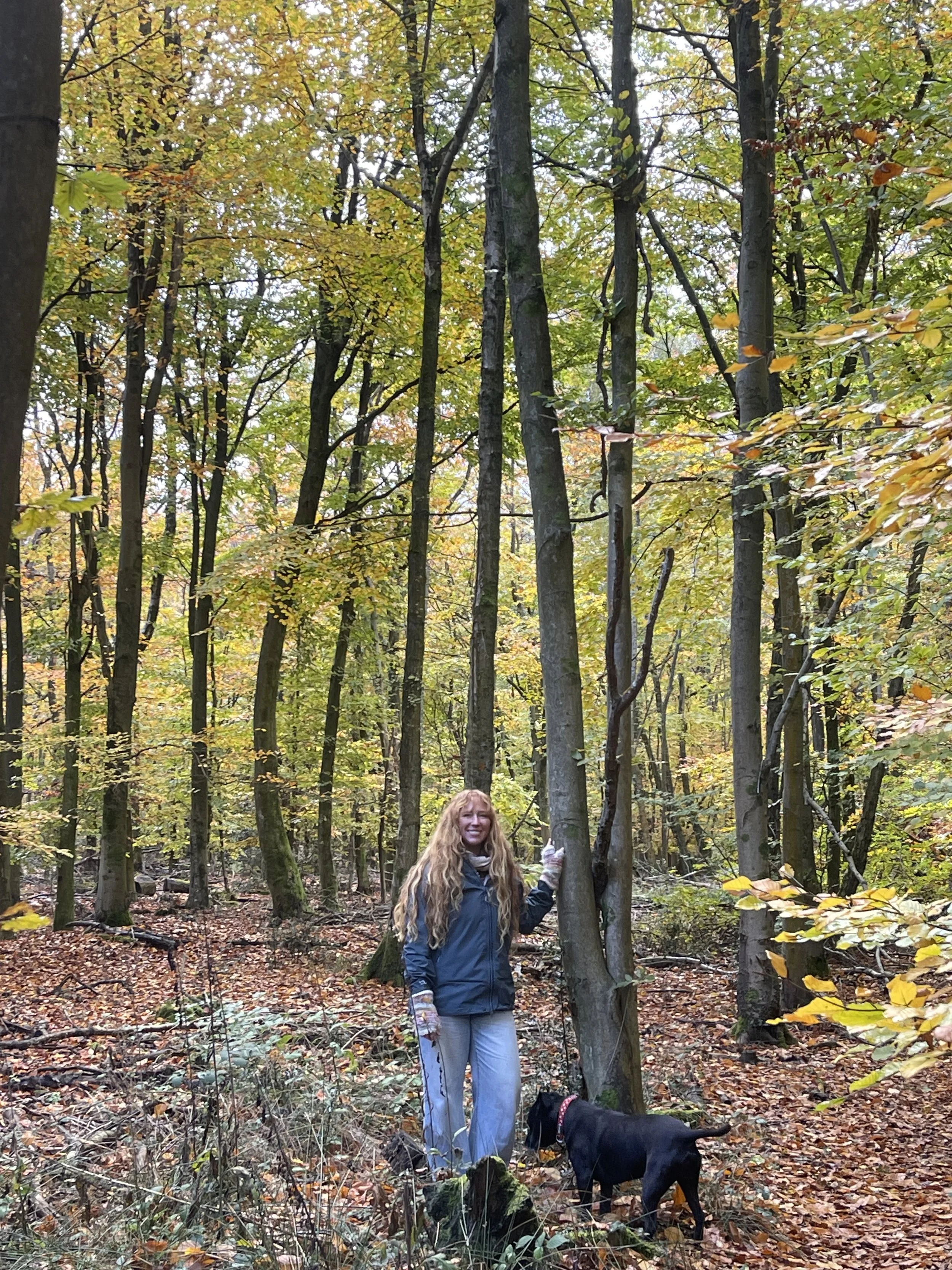 A woman with long red hair wearing a blue jacket and gray pants stands in a fall-colored forest with a black dog beside her. She is holding onto a tree trunk and smiling.