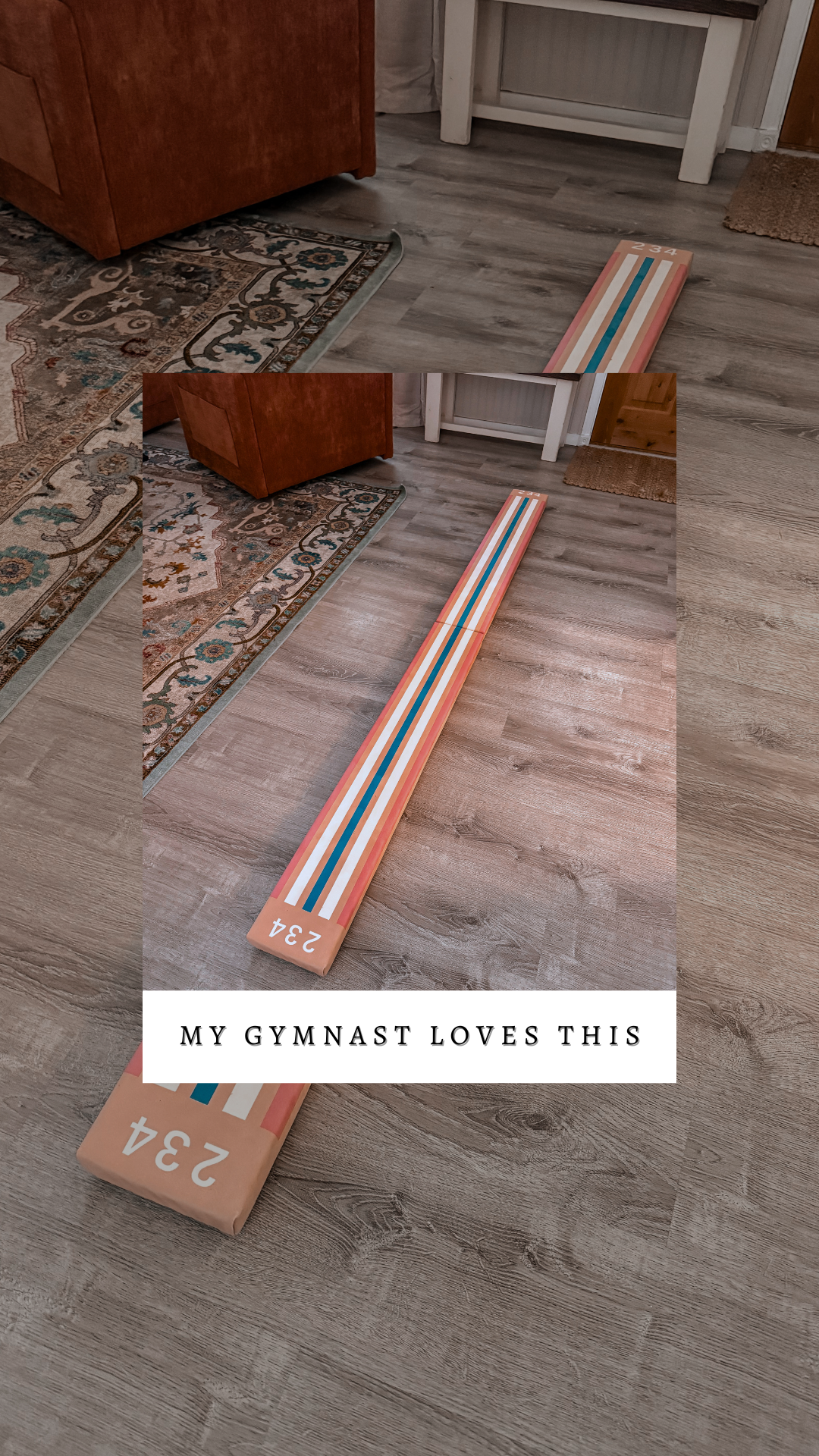 A wooden floor with a patterned rug on the left side and a shuffleboard game in the center. The shuffleboard has the numbers 1-4 and the number 34 on it, with the text 'MY GYMNAST LOVES THIS' at the bottom.