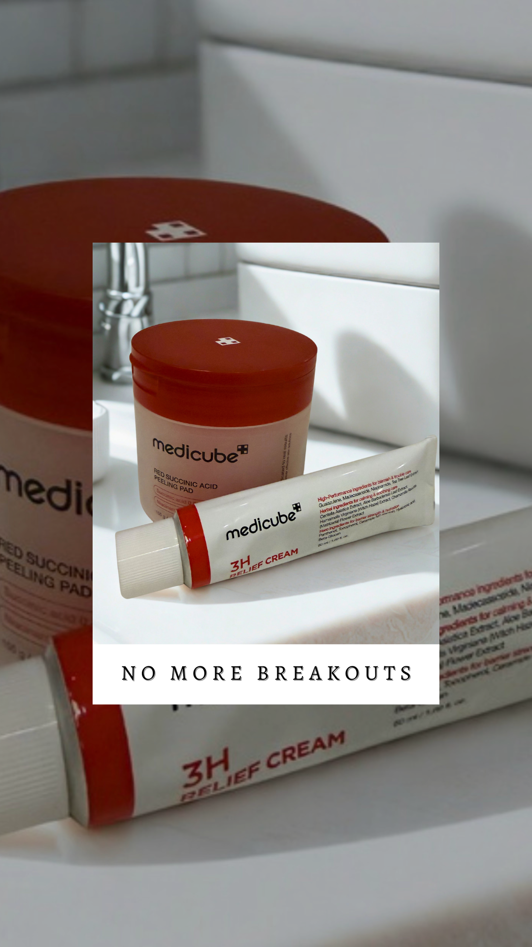 A tube of medicube 3H Relief Cream and a container of medicube Red Succinic Acid Peeling Pad on a white surface, with a white box in the background.