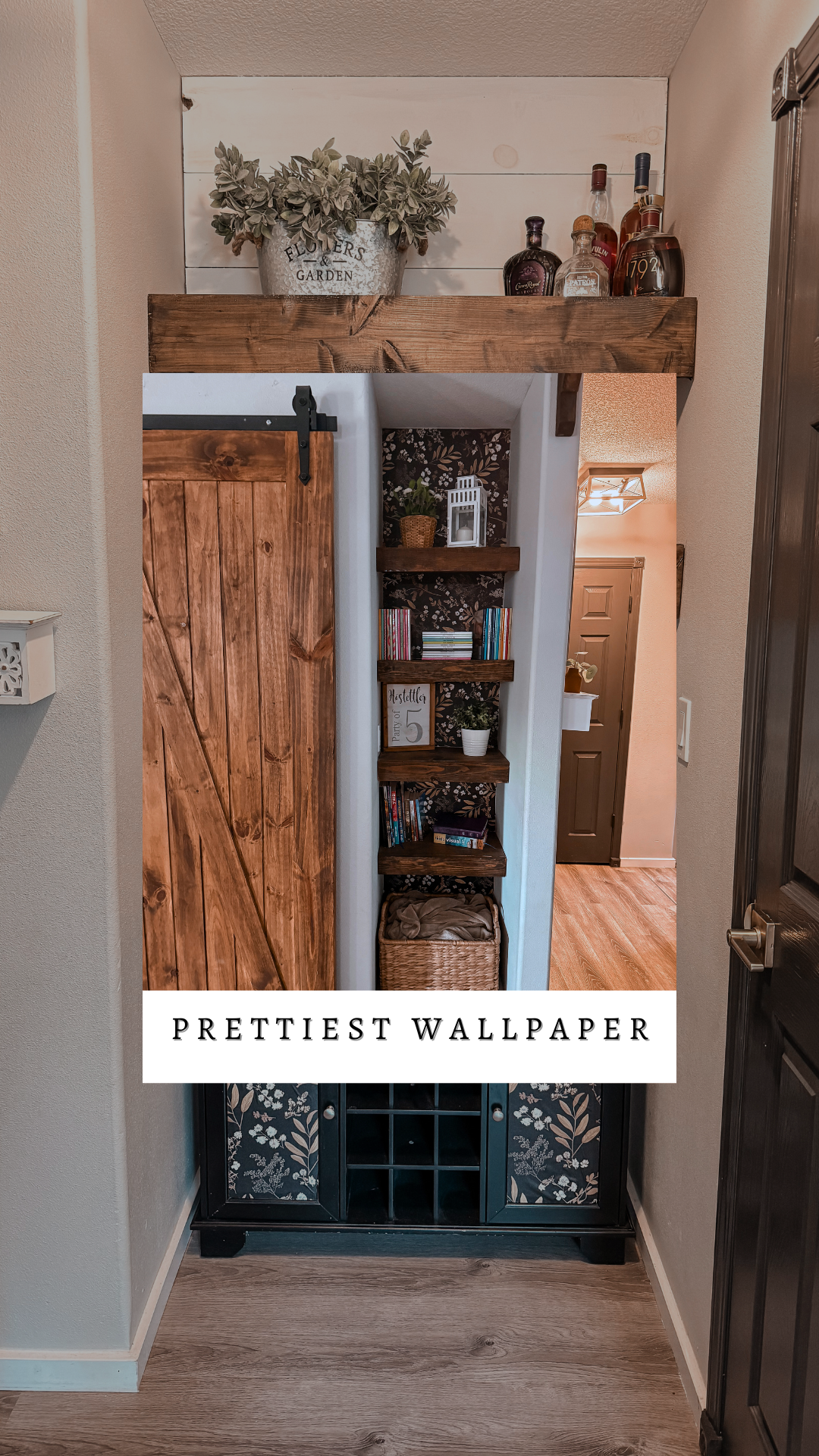 Small hallway nook with a wooden door, decorative bookshelf with books and plants, and a wine storage cabinet with patterned panels.