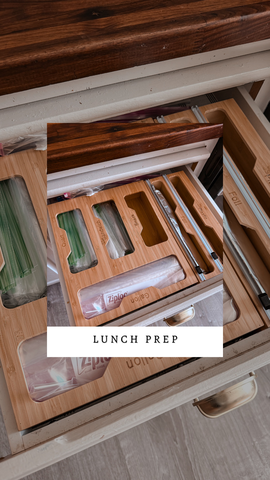 Wooden lunch boxes on a white drawer, labeled for different food items and equipped with clear windows. The caption reads 'Lunch Prep'.