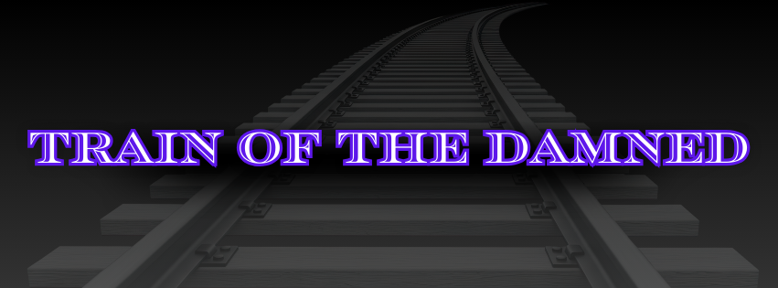 Train of The Damn written in purple engraving script with train tracks running behind off into the background