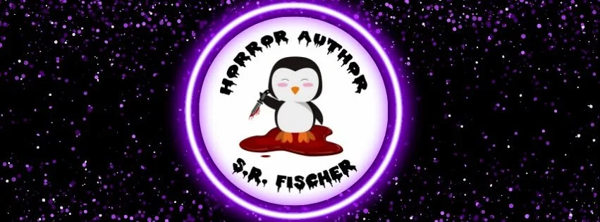 S.R. Fischer's Logo of a happy cartoon penguin holding a knife, stood in a puddle of blood on a black and purple backdrop