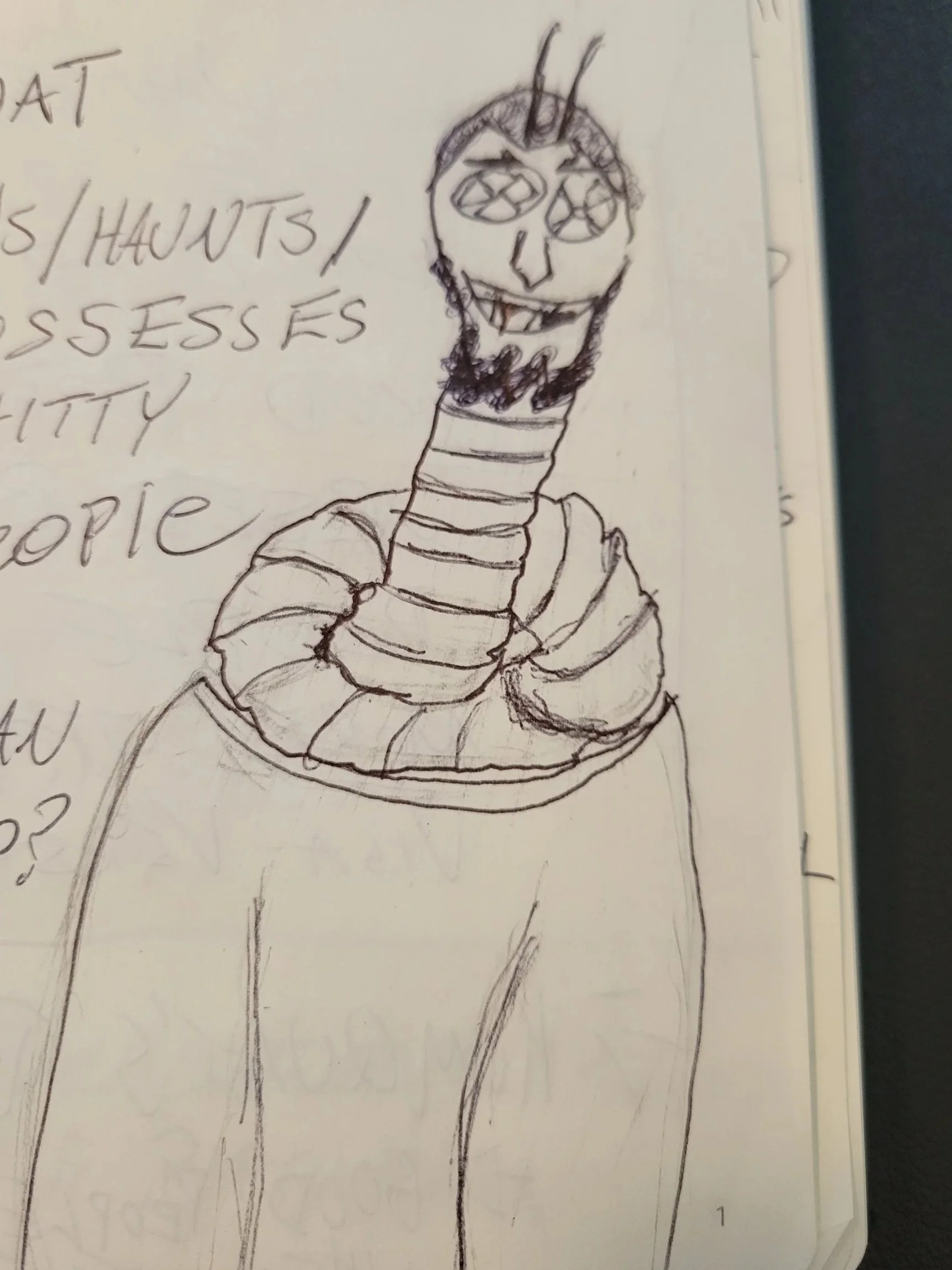 Drawing of an abstract character with eyes that look like kumquats and a long millipede-like neck